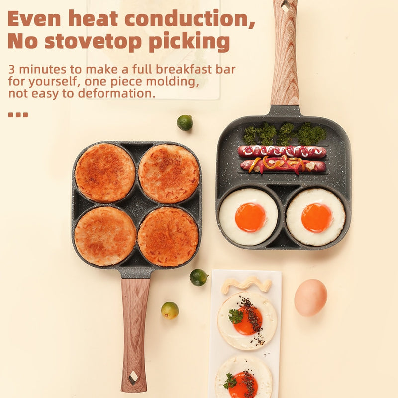 Frigideira de 2/4 furos - Panela espessa antiaderente para omelete, panquecas, ovo, bife presunto com alça de madeira - Máquina de café da manhã.